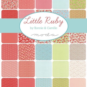 May include: A fabric collection titled "Little Ruby" by Bonnie & Camille, featuring a grid of square fabric swatches. The swatches display various patterns, including floral prints, dots, and solid colors in shades of red, pink, blue, and green.