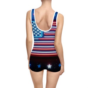 Patriotic Vintage Swimsuit, Retro One Piece Bathing Suit, USA Flag Swimwear, Summer Beach Outfit, 4th of July Swim Style