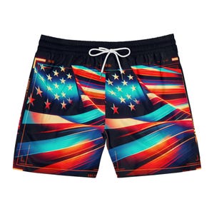 Patriotic American Flag Swim Trunks: Men&#39;s 4th of July Swim Shorts