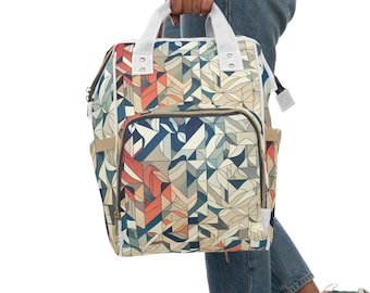 Stylish Nylon Diaper Backpack: Modern Geometric Design, Cream Lining