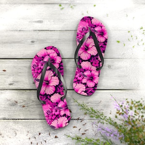 Hibiscus Hot Pink Flip Flops: Summer Beach Poolside Sandals