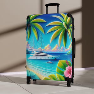 Vibrant Travel Suitcase with Tropical Design, Luggage Bag, Vacation Gear, Beach Holiday Accessory, Gift for Travelers, Yacht Summer Getaway