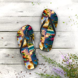 Tropical Paradise Flip Flops, Beach Footwear, Summer Accessories, Vacation Slippers, Gift for Travel Lovers