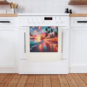 Vibrant Tropical Sunset Cotton Tea Towel | Decorative Kitchen Towel, Housewarming Gift, Beach Decor, Summer Vibes, Eco-Friendly Kitchen