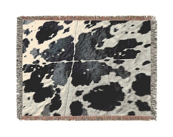 Woven Cow Print Cotton Blanket: Farmhouse Throw with Fringe