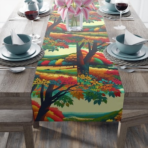 Autumn Landscape Table Runner, Rustic Cotton Table Decor, Fall Home Accents, Thanksgiving Table Decor, Seasonal Centerpiece