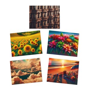 Juego de 5 tarjetas de felicitación vibrantes con múltiples diseños. Ideales para cumpleaños, agradecimientos, celebraciones, aniversarios y festividades.