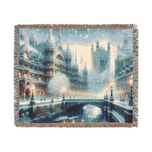 Woven London Blanket: Vintage Cityscape Cotton Throw with Fringe