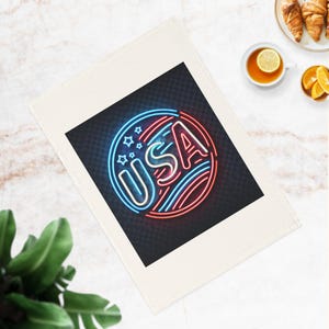 USA Neon Sign Cotton Tea Towel: Patriotic Kitchen Decor