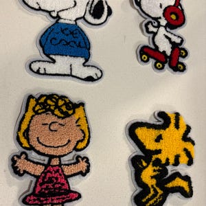 May include: Four embroidered patches featuring characters from the Peanuts comic strip. Snoopy is wearing sunglasses and a blue sweater. Another Snoopy is on a skateboard. Sally Brown and Woodstock are also shown.