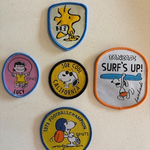 Puede incluir: Un conjunto de parches bordados con personajes de Peanuts. Incluye parches de Snoopy como Joe Cool, Lucy, Woodstock y Snoopy surfeando. Los parches son de varias formas y colores, con texto e ilustraciones.