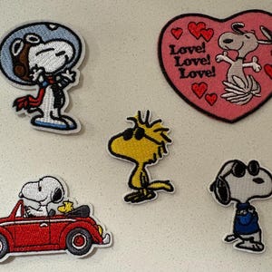 Puede incluir: Parches bordados con los personajes de Snoopy y Woodstock. Incluye a Snoopy como piloto, Snoopy en un coche rojo, Woodstock, Snoopy con gafas de sol y un parche en forma de corazón con Snoopy y las palabras "Love! Love! Love!"