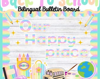 Tablón de anuncios con citas de Our Happy Place para el aula en inglés y español
