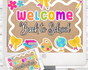 Diapositivas bilingües editables con temática de regreso a clases en español e inglés.