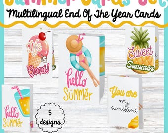 Tarjetas imprimibles de "Hola Verano": Inglés, español, francés (descarga digital)