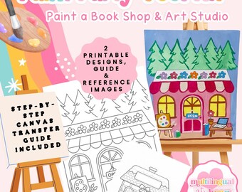 Páginas para colorear imprimibles para fiestas de pintura, estudio de arte y librería, plantillas de diseño, escaparates adorables, set de pintura, regalo hecho a mano, evento de pintura y vino.