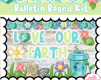 Kit bilingüe para tablón de anuncios del Día de la Tierra / Español e inglés / Decoración de abril