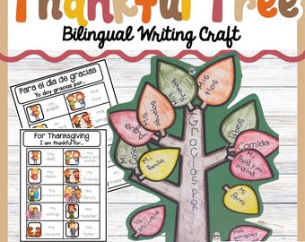 Manualidad de escritura bilingüe de Acción de Gracias/Árbol de agradecimiento en español e inglés