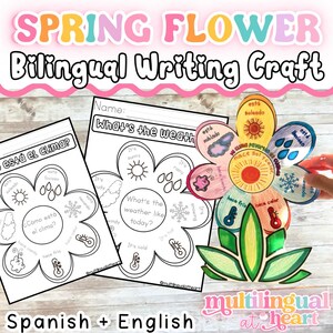 May include: A bilingual educational craft set featuring a flower-shaped weather activity in English and Spanish. The set includes printed worksheets with weather icons and terms like sunny, rainy, and snowy, alongside a coloured paper flower model.