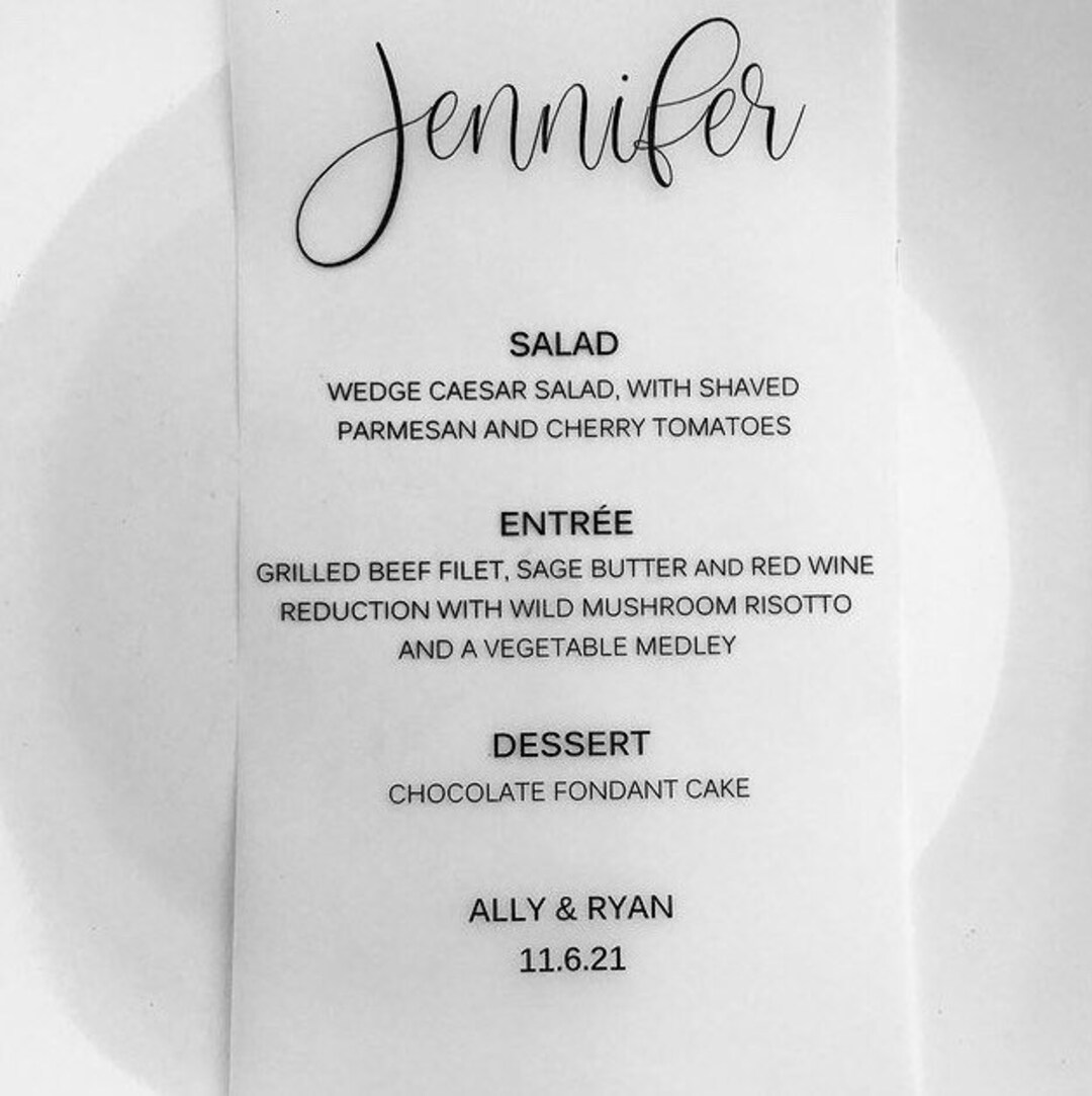 Printed Vellum Menu Cards Dinner Menu Personalized Menu Cards Wedding Reception Menu Rehearsal