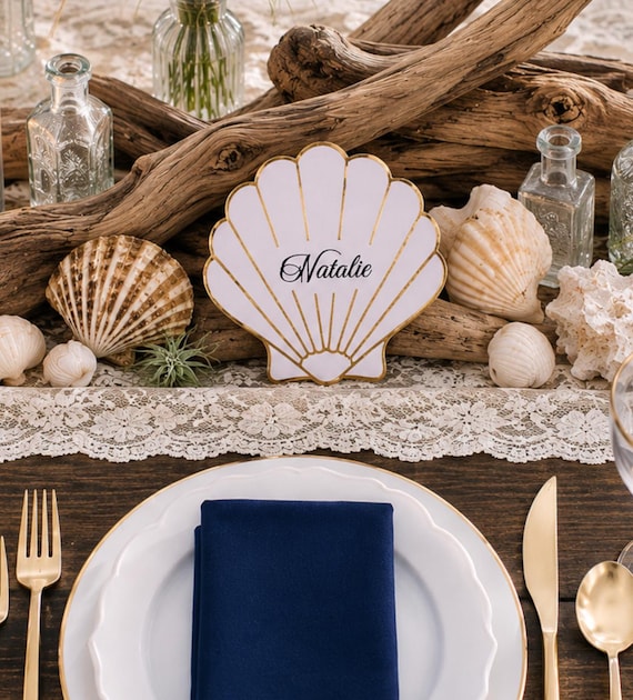 Coastal Wedding Shell Place Cards | Beach Name Cards, Gold Foil Accents