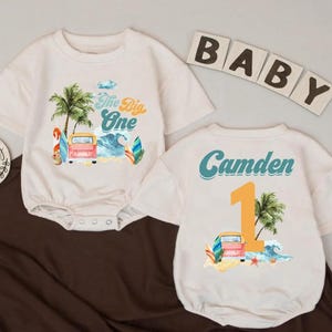 The Big One First Birthday Bubble Romper Sweatshirt – Surf Beach Theme Baby Outfit, Summer Milestone Clothes , Custom Name 1st Birthday Gift