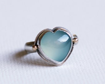 Pronto per la spedizione Aqua blue Chalcedony cuore sterling argento dichiarazione anello con oro 14k, OOAK