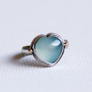 Ready to ship Aqua blue Chalcedony heart sterling silver statement ring with 14k gold ,OOAK image 1