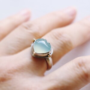 Ready to ship Aqua blue Chalcedony heart sterling silver statement ring with 14k gold ,OOAK image 2