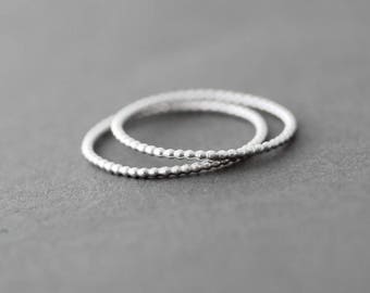 Set Two Stacking Rings, Sterling Silver Dotted Skinny Rings, Oxidized Silver Ring