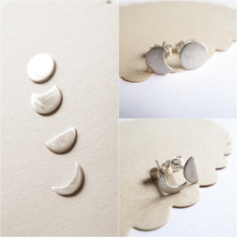 Moon Phase Studs, Silver Moon Earrings, mismatched earrings set image 3