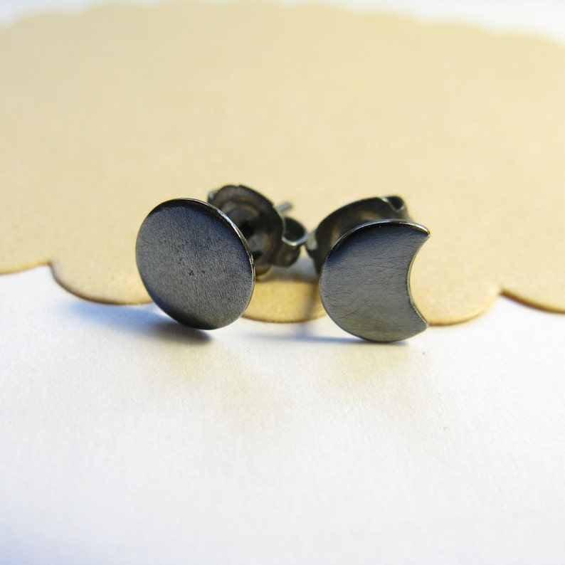 Moon phase dark silver stud earrings, mix and match sterling silver post earrings image 2