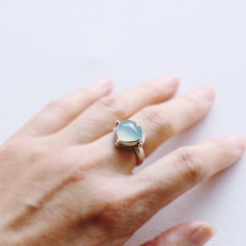 Ready to ship Aqua blue Chalcedony heart sterling silver statement ring with 14k gold ,OOAK image 2