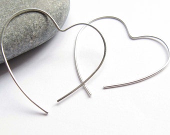 Open Heart Hoop, Simple Silver Earrings,Silver Heart Earrings, Sterling Silver Hoop