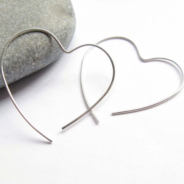 Open Heart Hoop, Simple Silver Earrings,Silver Heart Earrings, Sterling Silver Hoop