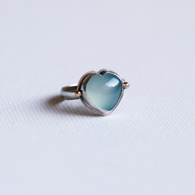 Ready to ship Aqua blue Chalcedony heart sterling silver statement ring with 14k gold ,OOAK image 4