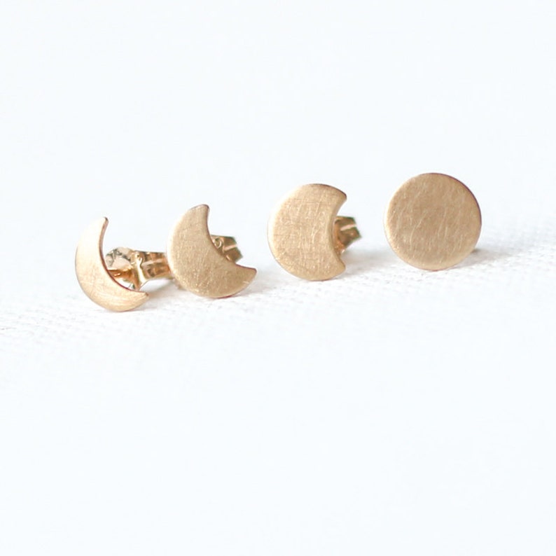 9ct Gold Moon Phase Stud Earrings, mismatched earrings set, 9k solid yellow gold, 9k rose gold image 2