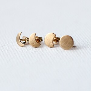 9ct Gold Moon Phase Stud Earrings, mismatched earrings set, 9k solid yellow gold, 9k rose gold image 4