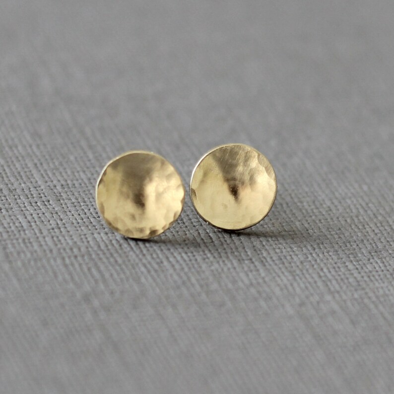 Moon gold studs, disc concave earrings in solid yellow gold and rose gold image 1