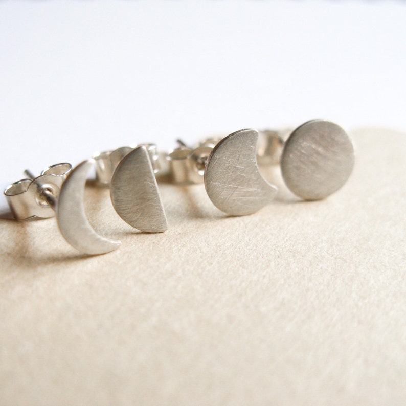 Moon Phase Studs, Silver Moon Earrings, mismatched earrings set image 1
