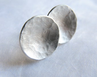 Moon silver studs, hammered and matt finish, Dome silver earrings, disc post earrings