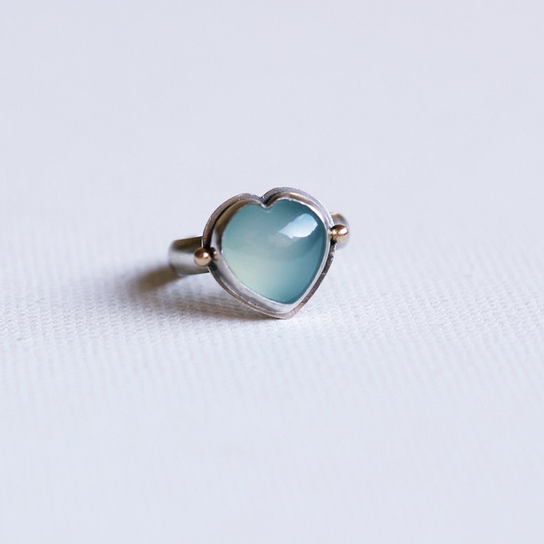 Ready to ship Aqua blue Chalcedony heart sterling silver statement ring with 14k gold ,OOAK image 1