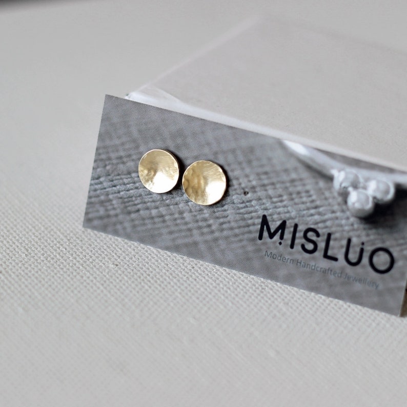 Moon gold studs, disc concave earrings in solid yellow gold and rose gold image 4