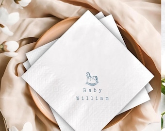 Custom Rocking Horse Baby Shower Napkins, Personalized Baptism Decor, Vintage Classic Baby Party Printed Napkin