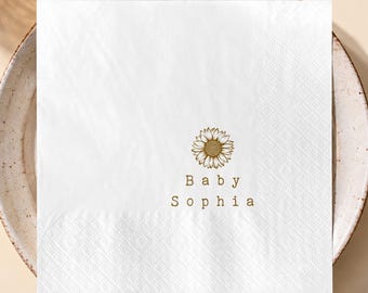 Personalisierte Servietten mit Sonnenblumenmotiv für die Babyparty, individuell gestaltete Cocktailservietten, herbstliche Babyparty-Dekoration, rustikale Gastgeschenke mit Blumenmuster