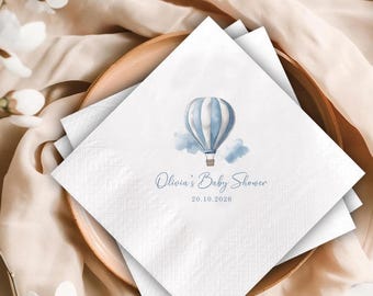 Servetter med luftballong för babyshower, Upp och bort-festdekor, anpassad cocktailservett i blå akvarell, babyshower-evenemang för pojkar