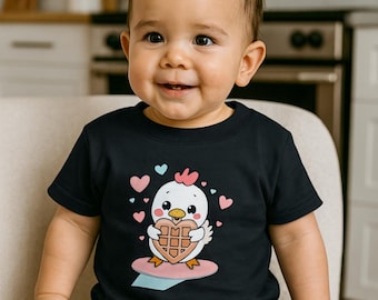 Infant Chicken and Waffles T-Shirt | Cute Cartoon Chicken Hugging Waffle Baby Tee | Funny Foodie Infant Shirt | Brunch Gift for Babies