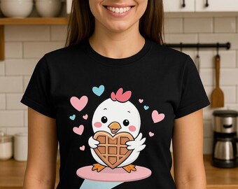 Chicken Loves Waffles T-Shirt | Cute Cartoon Chicken Hugging Waffle Tee | Funny Foodie Graphic Shirt | Brunch Lover Gift