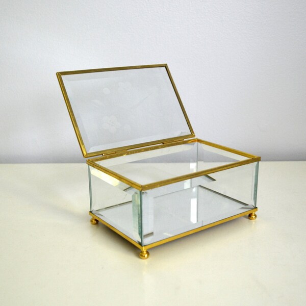 Vintage Trinket Box, Terrarium Geometric Glass Container with Lid, See Through Transparent Etched Glass, Mirror, Floral, Metal