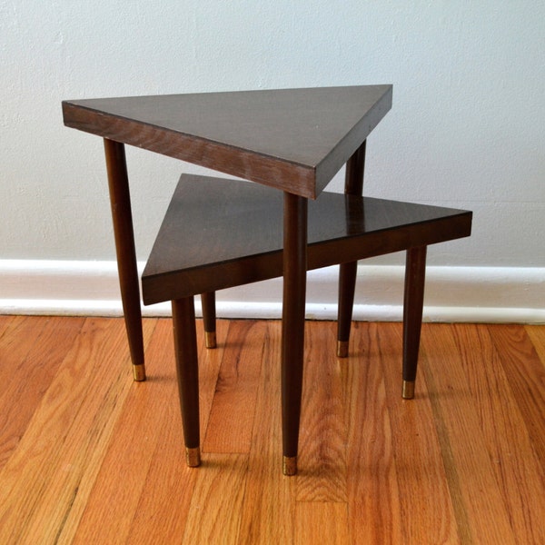 Vintage Nesting Tables, Mid Century Modern Furniture, 1960s Geometric Triangle Side Tables, Brown Faux Wood, Plant Stand Set